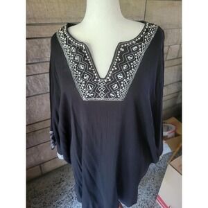 Liz&Me 4X‎ Black Embroidered Tunic Top Blouse Caftan Boho Bohemian 100% Cotton
